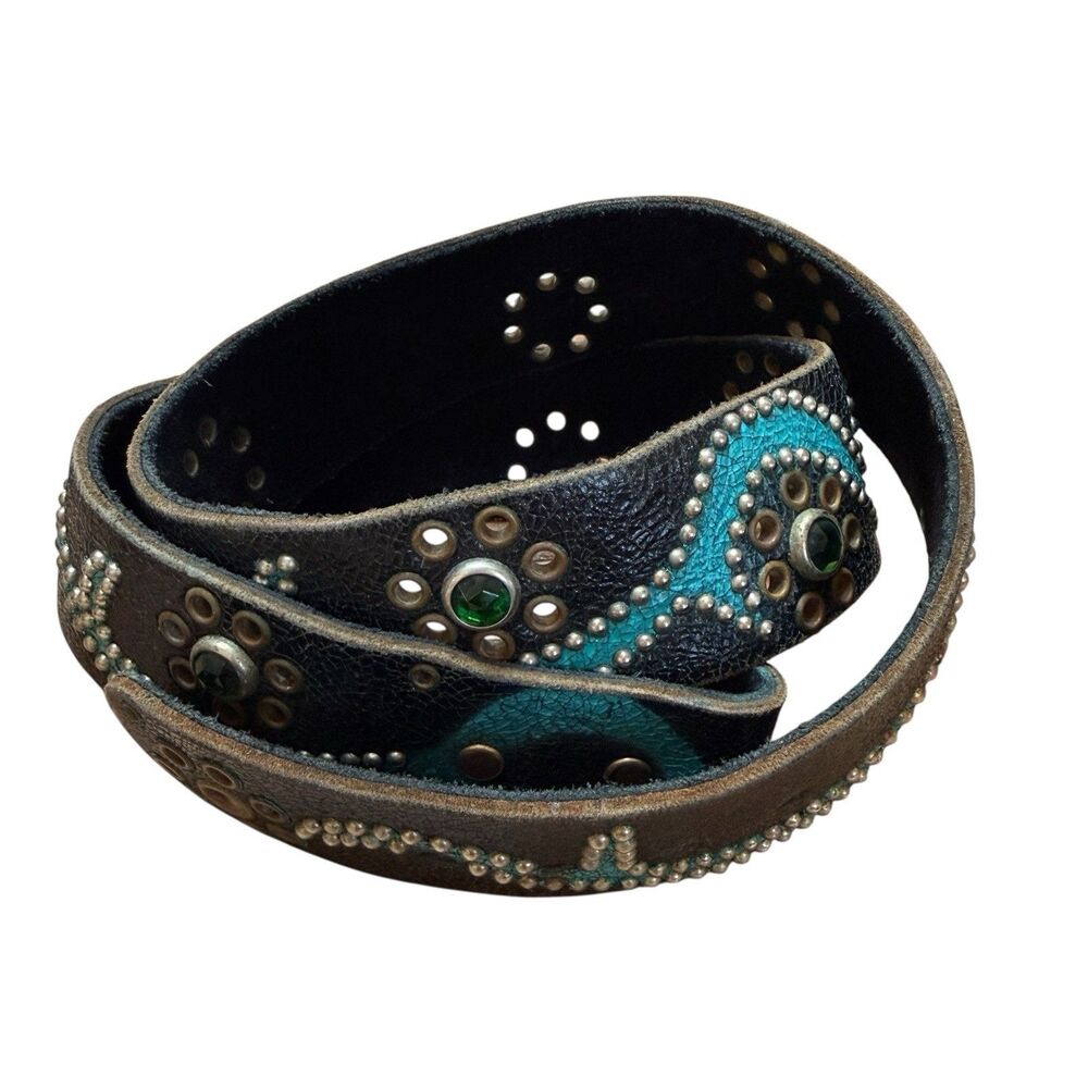 BALTAZAR Studded Rivets Rhinestone Western Belt 31.5"-36" Black Crinkled Leather